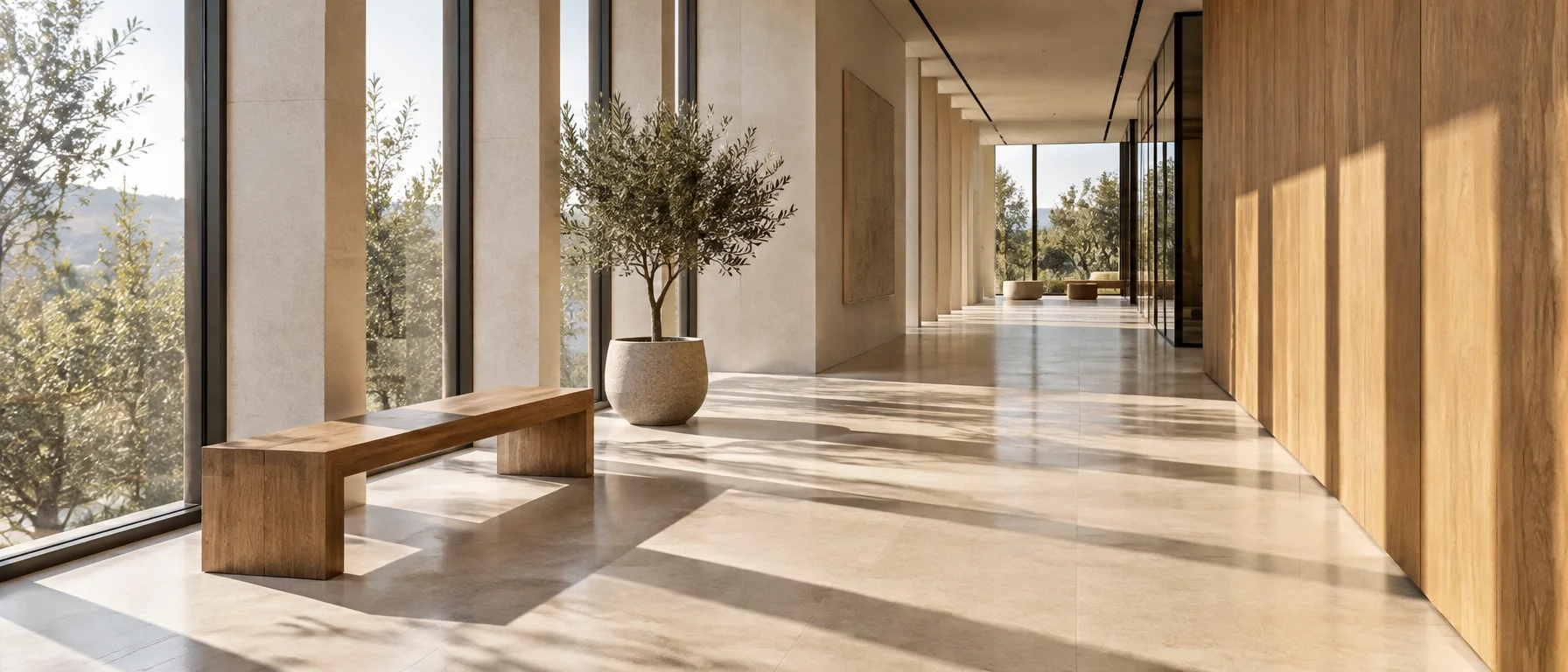 A bright, quiet office corridor in morning light